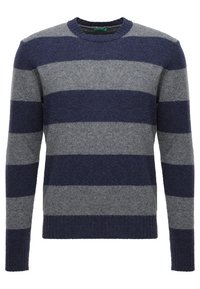 Randig tröja i marinblått och grått, tillverkad i ett mjukt material med rund halsringning och ribbade muddar och fåll. Har djärva horisontella ränder.