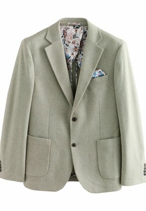 Light green blazer with two front pockets and brown buttons. Floral patterned lining visible at the collar and pocket square. Textured fabric.