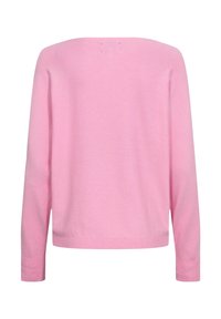 Pull rose clair à manches longues vu de dos avec un ourlet droit et des poignets côtelés sur fond blanc.
