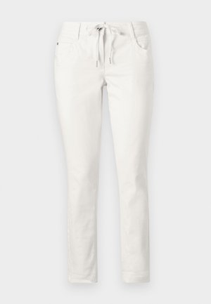 Weiße, figurbetonte Hose mit Kordelzug-Taille, Fronttaschen und glatter Textur. Eignet sich für legere Anlässe oder entspannte Umgebungen.