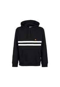 Felpa nera con cappuccio, a strisce orizzontali bianche, tasca frontale e logo piccolo sul petto. Materiale in cotone, vestibilità casual.