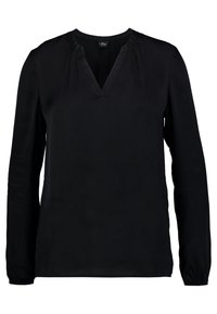 Blusa nera a maniche lunghe con scollatura a V, dettagli plissettati alle spalle e polsini elastici, realizzata in tessuto morbido.