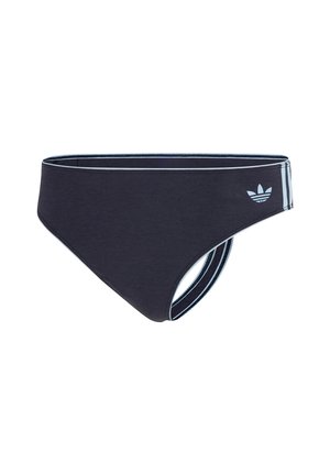 Schwarzes Bikinihöschen aus glattem Stoff, mit hohem Schnitt, kontrastierendem hellblauen Besatz und einem Adidas-Logo an der Hüfte.