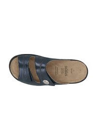 Navy leather slide sandal with three cut-out straps, a curved design, and a textured insole. Features a metallic accent on the side.