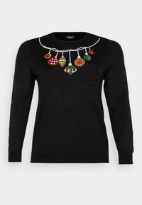 Black sweater with long sleeves, featuring colorful embroidered Christmas ornaments along the neckline, adding a festive design element.