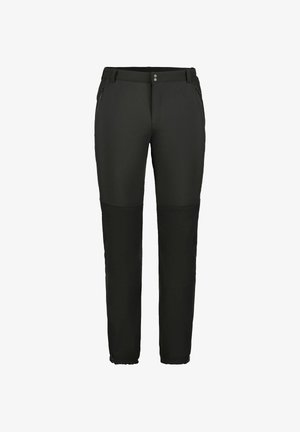 Zwarte outdoorbroeken met een gladde textuur, een elastische tailleband met twee steekzakken aan de voorkant en ritsen bij de enkel voor aanpassingsmogelijkheden.