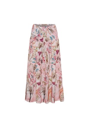 Lys lyserød blomster tieret maxinederdel med flerfarvede blomster og bladermønster, flydende stof og bred talje.