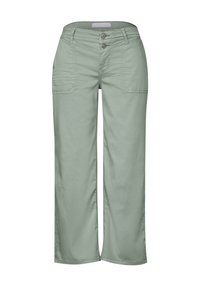 Světle zelené široké kalhoty z bavlny. Obsahují dvě přední kapsy a dvojité knoflíky v pase. Hladká textura a volný střih.