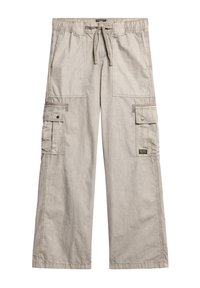 Beige Cargo-Hosen mit einem elastischen Bund, Kordelzug, weitem Bein und vier vorderen Taschen. Hergestellt aus leichtem, strukturiertem Stoff.