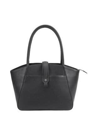 Zwarte leren handtas met twee handvatten, een voorste band met een drukknoop en een ritssluiting aan de rechterbovenkant.
