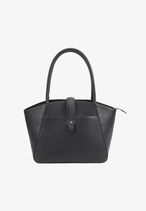 Sac à main en cuir noir avec deux poignées, une sangle frontale avec un bouton-pression, et une fermeture éclair sur le côté supérieur droit.