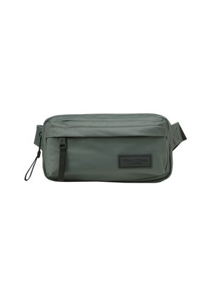 Borsello rettangolare verde oliva con tasca frontale con cerniera, con maniglie nere e una patch nera con l'etichetta "Marc O'Polo" sul fronte.