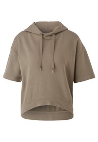 Sudadera corta de manga corta en marrón, hecha de una tela suave. Presenta una capucha con cordón y un corte relajado con un dobladillo recortado.