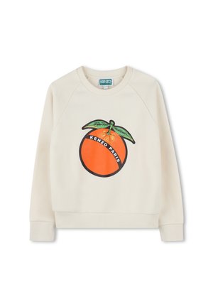 Crème-kleurig sweatshirt met een grote oranje graphic met groene bladeren en de tekst "KENZO PARIS". Stof lijkt zacht en textuur te hebben.