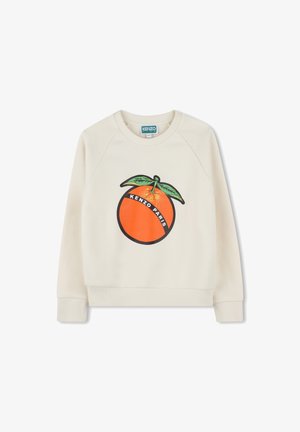 Sweatshirt couleur crème présentant un grand motif orange avec des feuilles vertes et le texte « KENZO PARIS ». Le tissu semble doux et texturé.