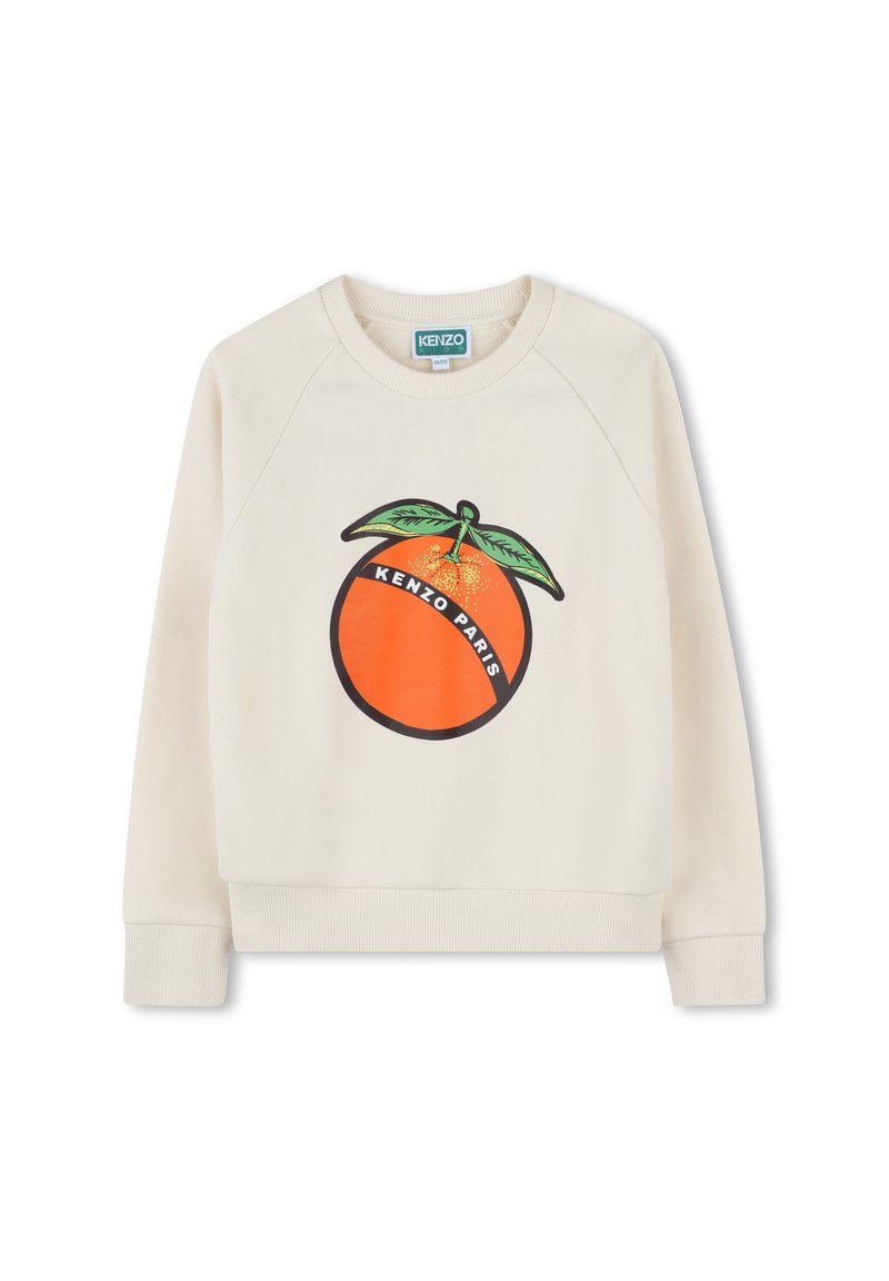 Sweatshirt couleur crème présentant un grand motif orange avec des feuilles vertes et le texte « KENZO PARIS ». Le tissu semble doux et texturé.