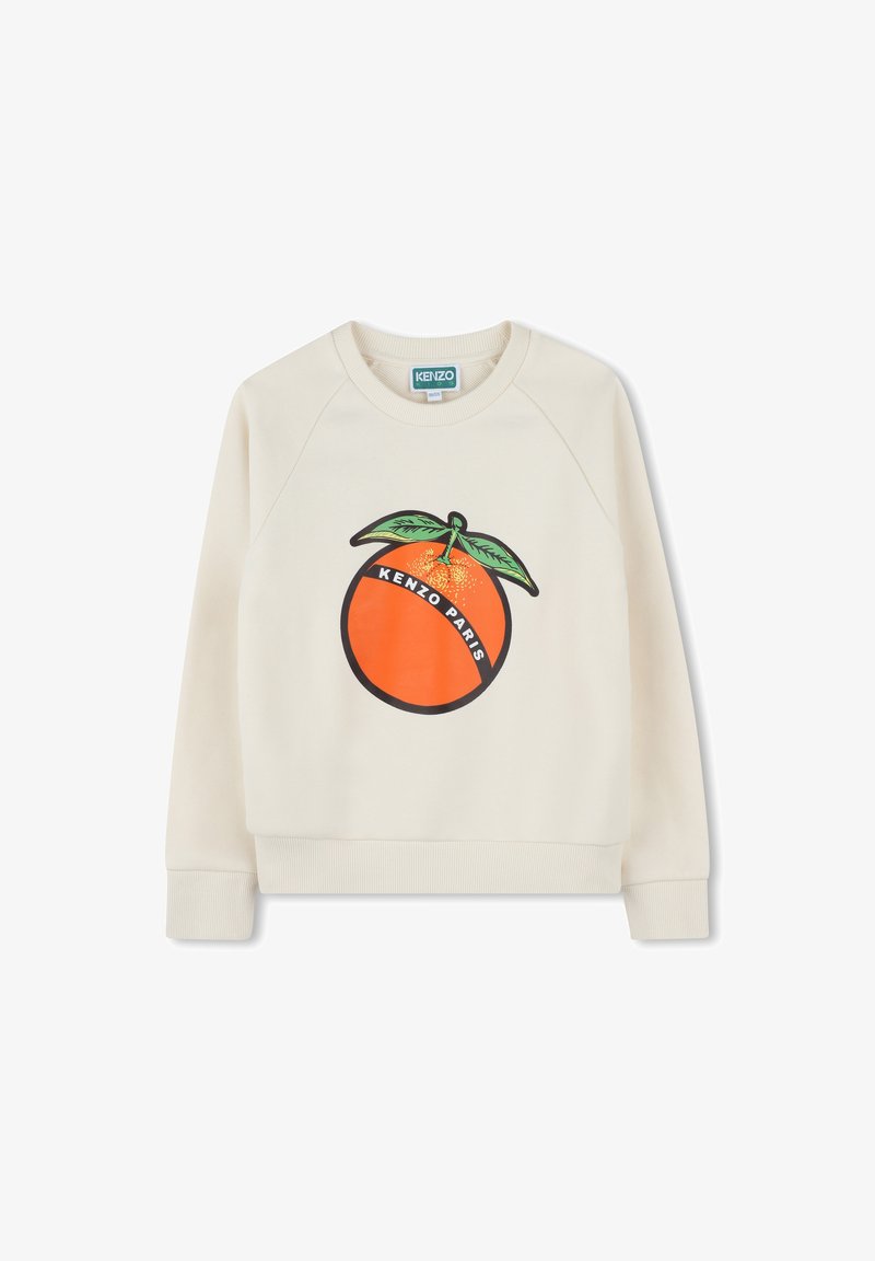 Sweatshirt couleur crème présentant un grand motif orange avec des feuilles vertes et le texte « KENZO PARIS ». Le tissu semble doux et texturé.