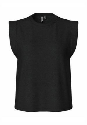 Svart ermeløs topp med polstrede skuldre og rund hals, laget av glatt stoff, merket "Pieces" på innsiden av kragen.