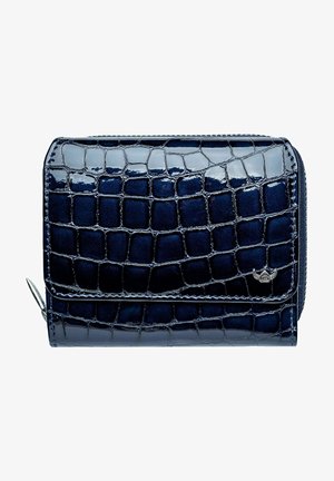 Portefeuille en simili cuir bleu marine avec une texture crocodile brillante, fermeture éclair et accent logo argenté. Design compact et rectangulaire.