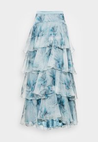 Jupe maxi légère en bleu clair en tissu transparent avec des motifs floraux abstraits. Comprend cinq niveaux froncés et une large taille.