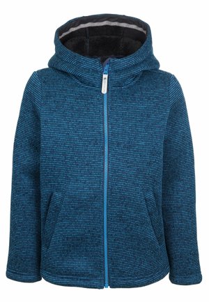 Blå lynlås-hoodie med struktureret strikstof, en hætte og frontlommer. Kontrasterende blå lynlås og indvendig foring.