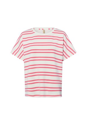 Weißes kurzärmeliges Hemd mit horizontalen rosa und roten Streifen, rundem Ausschnitt und geradem Saum.