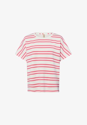 Wit shirt met korte mouwen met horizontale roze en rode strepen, ronde halslijn en een rechte zoom.