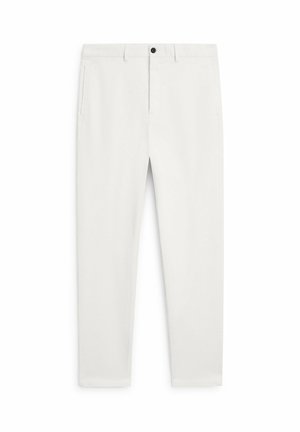 Pantaloni bianchi su misura con passanti per cintura, bottone frontale, chiusura con zip e tasche laterali, mostrati su uno sfondo bianco semplice.
