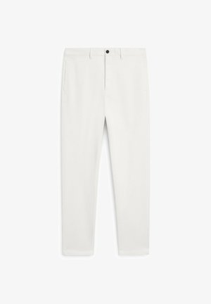 White tailored trousers with belt loops, front button, zip closure, and side pockets, displayed on a plain white background.