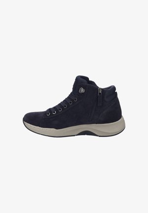 Navy suede high-top sneaker with lace-up front and zip closure. Features a chunky beige sole and textured accents on the upper section.