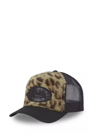 Baseball cap with black mesh back, black curved visor, and fuzzy leopard print front panel with black Von Dutch logo patch.
