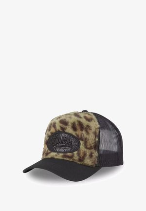 Baseball cap with black mesh back, black curved visor, and fuzzy leopard print front panel with black Von Dutch logo patch.