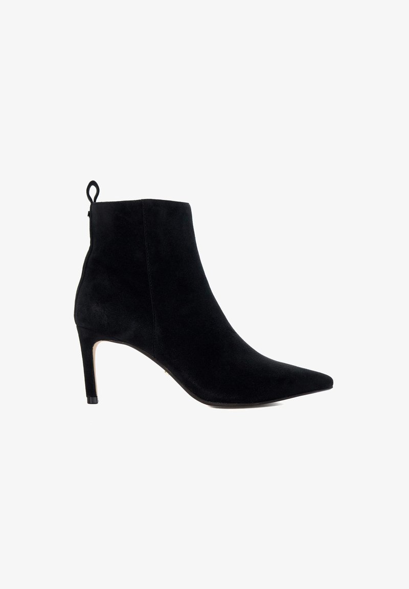 Black suede ankle boots with a pointed toe and a 4-inch stiletto heel. Features a back tab for easier wear. Smooth texture with minimalist design.