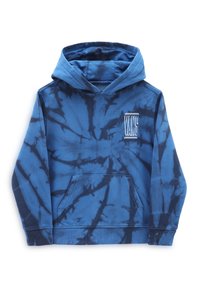 Sudadera con capucha de tie-dye azul, hecha de algodón, con un bolsillo frontal. Incluye un logo en el pecho, que presenta un diseño gráfico en blanco de contraste.