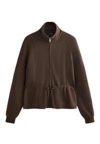Braune Jacke mit Reißverschluss und hohem Kragen, elastischem Bund, langen Ärmeln und weicher Textur. Verfügt über einen Zugschneider an der Taille und Nahtdetails.