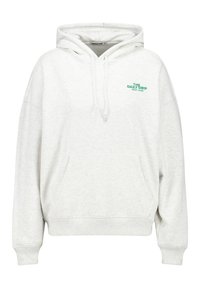 Ljusgrå huvtröja gjord av mjukt tyg. Har en känguruficka, justerbar huva och "THE DAILY DRIP NEW YORK" broderat i grönt.