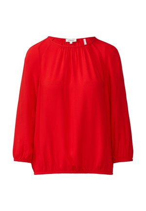 Blouse rouge à coupe décontractée, col rond et détails froncés. Manches longues avec poignets élastiques et texture lisse.