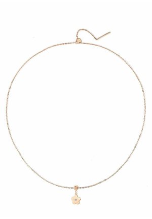 Halskette aus goldfarbener Kette mit einem kleinen, blumenförmigen Anhänger, der in der Mitte einen einzelnen Strassstein hat. Zartes und schlichtes Design.