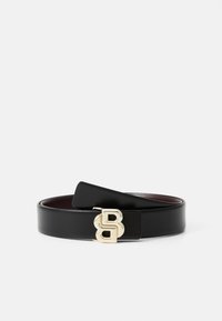 Black leather belt featuring a gold double-B logo buckle, with a smooth texture and a sleek design, suitable for various outfits.