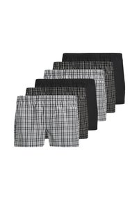 Sechs Shorts: zwei kariert in Schwarz und Grau, vier in einfarbig Schwarz, mit elastischem Bund und aus leichtem Stoff.