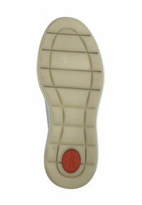 Suola di scarpa in gomma beige, con un motivo testurizzato caratterizzato da scanalature orizzontali e verticali e un piccolo accento circolare rosso.