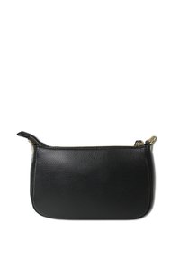 Zwarte leren clutch met een gestructureerd oppervlak, gouden ritsenhardware en een kleine handgreep aan één kant. Compacte en rechthoekige vorm.