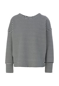 Randig långärmad topp i svart och vitt med vid halsringning, avslappnad passform och ribbad textur; har sänkt axelsöm.