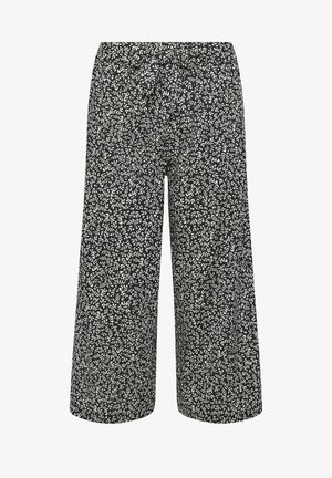 Pantalon noir à jambes larges avec petit motif de feuilles blanches et taille élastique.