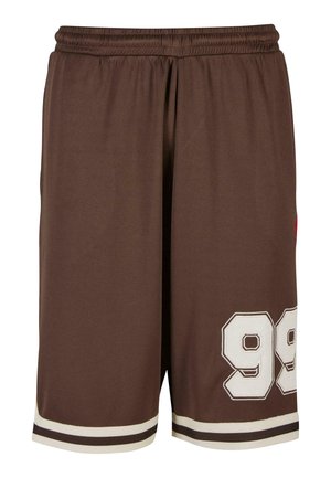 Shorts de sport marron en tissu en maille, avec des accents blancs, un ourlet rayé et un grand "99" blanc imprimé sur la jambe gauche.