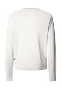 Maglione bianco a maniche lunghe con collo rotondo, polsini e orlo a costina, e texture liscia. Design minimalista, senza motivi o dettagli visibili.