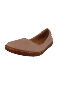 Beige suede flat shoe with a rounded toe and stitched tan rubber sole. Interior features perforations for breathability. Smooth texture.