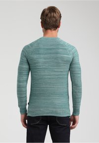 Maglione a righe color verde petrolio con maniche lunghe, realizzato in filato testurizzato, con scollo rotondo e polsini a coste, indossato da una modella vista da dietro.