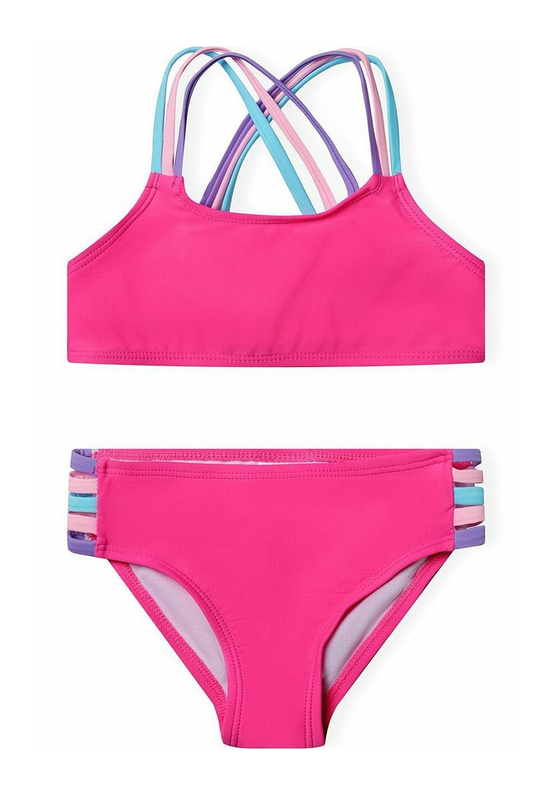 Set bikini rosa composto da un top corto con spalline incrociate e pantaloni coordinati con accenti colorati ai lati e una texture liscia.