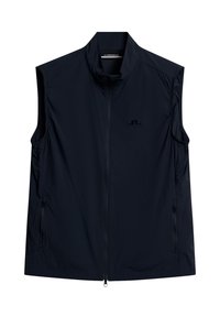 Marinblå ärmlös väst i lätt tyg, med en framdragkedja, sidofickor och en liten logotyp på övre vänster sidan.